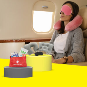 Woman in airplane with eSpares travel and flying accessories